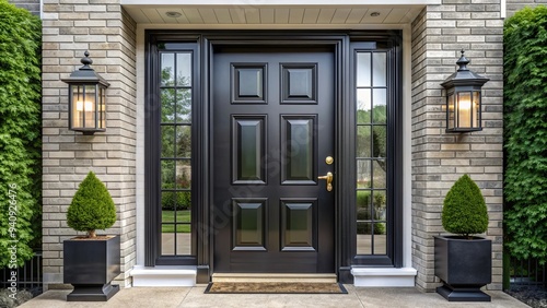 Luxury house's black front door framed with glass, luxury, house, entrance, door, black, front, glass, frame, exterior