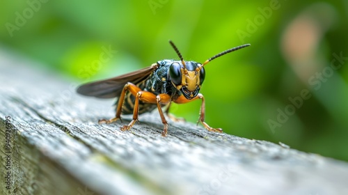  A tight shot of a yellow and black insect perched on a weathered wood, surrounded by a hazy backdrop of green foliage