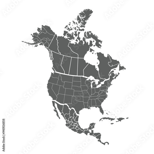 Sophisticated grey North America map featuring detailed continent outlines with a minimalistic approach.