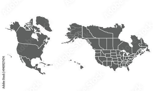 A high-quality grey-tone North America map with regions. United States, Canada, Mexico, ideal for use in educational materials and infographics.
