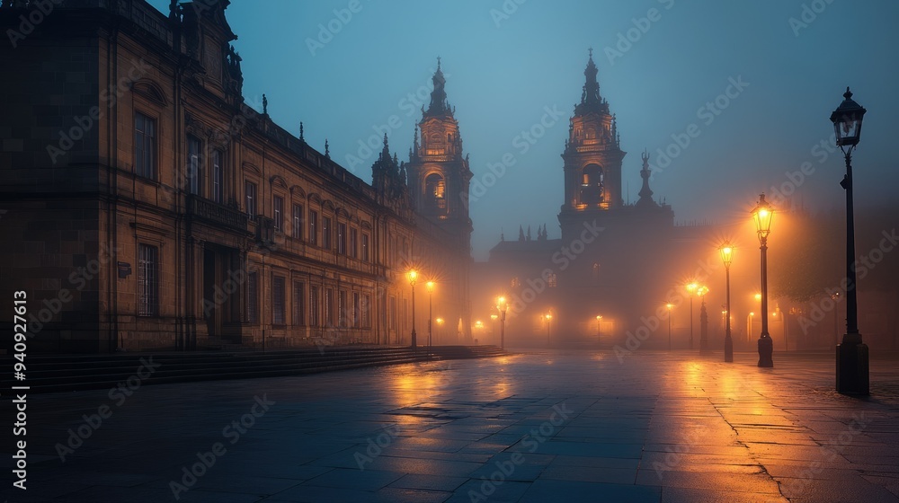 Obraz premium A serene night shot of Santiago de Compostela Cathedral, veiled in mist and illuminated by faint streetlights after the rain.