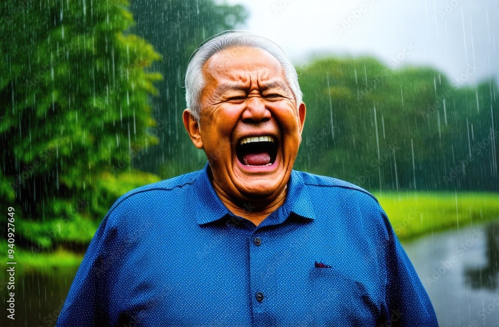 Fototapeta premium upset depressed senior Asian man screaming, crying at street under rain. shock, emotional breakdown