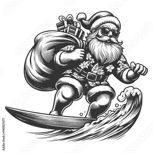 Santa Claus Hawaiian shirt sunglasses, surfing with sack of gifts. Fun and festive tropical holiday sketch engraving generative ai vector illustration. Scratch board imitation. Black and white image.