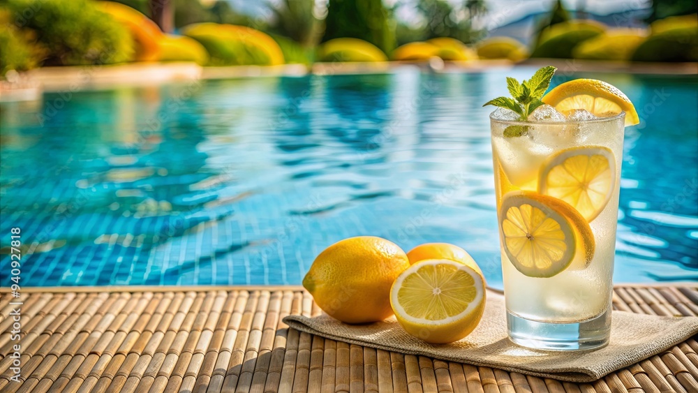 Fototapeta premium Refreshing lemonade with ice cubes and lemon slices by the poolside , summer, beverage, pool, relaxation, drink, citrus, cool