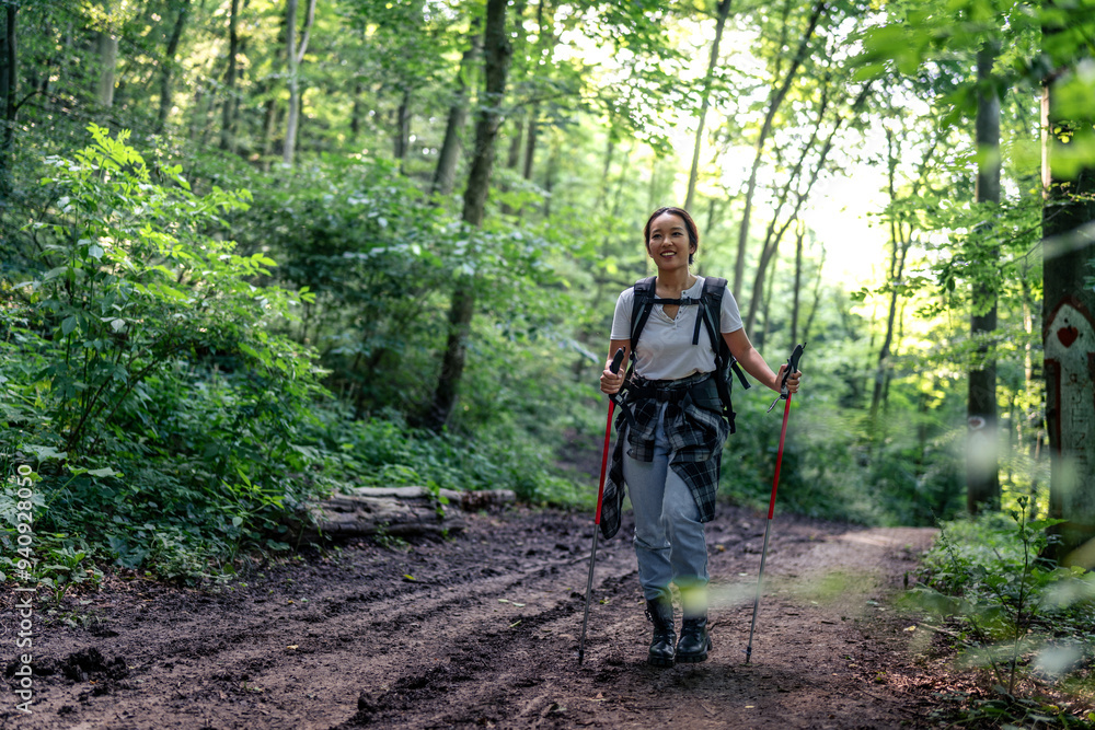 young woman hiking in the forest, using a trail,uses adequate equipment young woman hiking in the forest, using a trail,uses adequate equipment