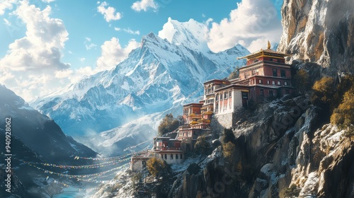 A serene Tibetan Buddhist monastery perched on a mountainside, surrounded by prayer flags and snow-capped peaks.