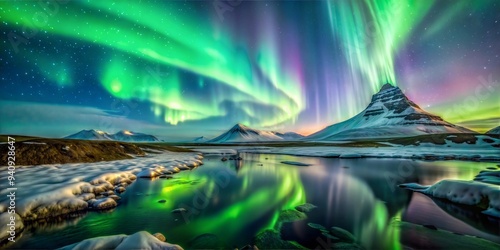 Mesmerizing Iceland Aurora Over Snow-Covered Mountains and Reflective Lake at Night