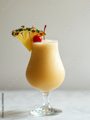 A creamy piña colada in a h...
