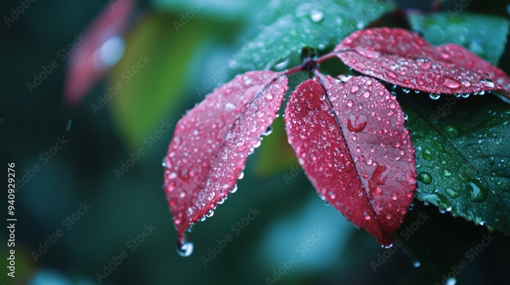 A tight shot of a red leaf dotted with water droplets, against a backdrop of undisturbed green leaves A tight shot of a red leaf dotted with water droplets, against a backdrop of undisturbed green leaves