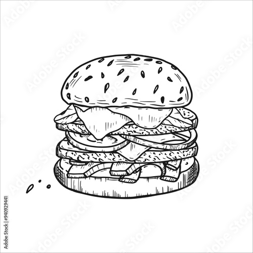 Fresh tasty burger. Vetor hand drawn illustration
