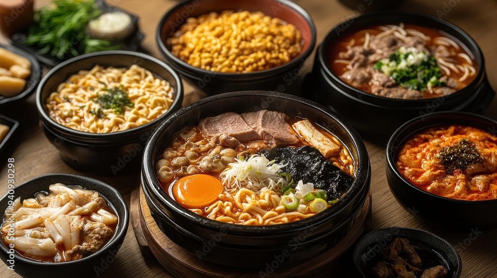 A vibrant collection of delicious bowls of ramen, showcasing various toppings and flavors in a warm setting. A vibrant collection of delicious bowls of ramen, showcasing various toppings and flavors in a warm setting.