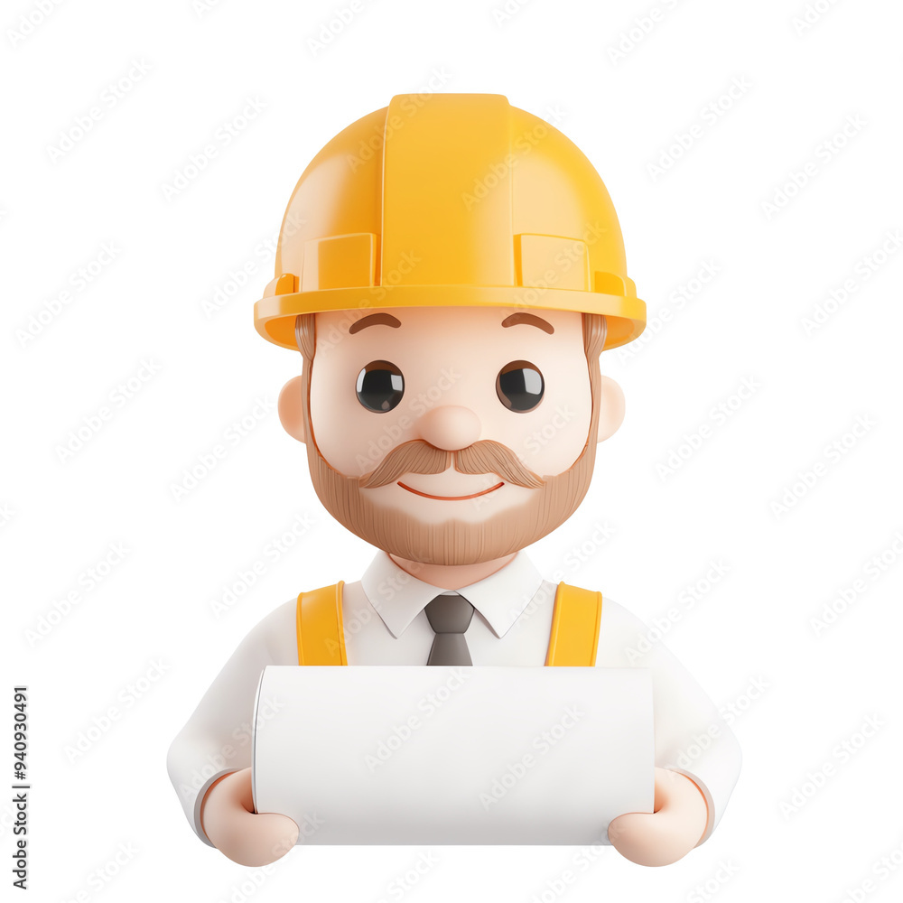 Engineer with a blueprint and hard hat 3D illustration on transparent background Engineer with a blueprint and hard hat 3D illustration on transparent background