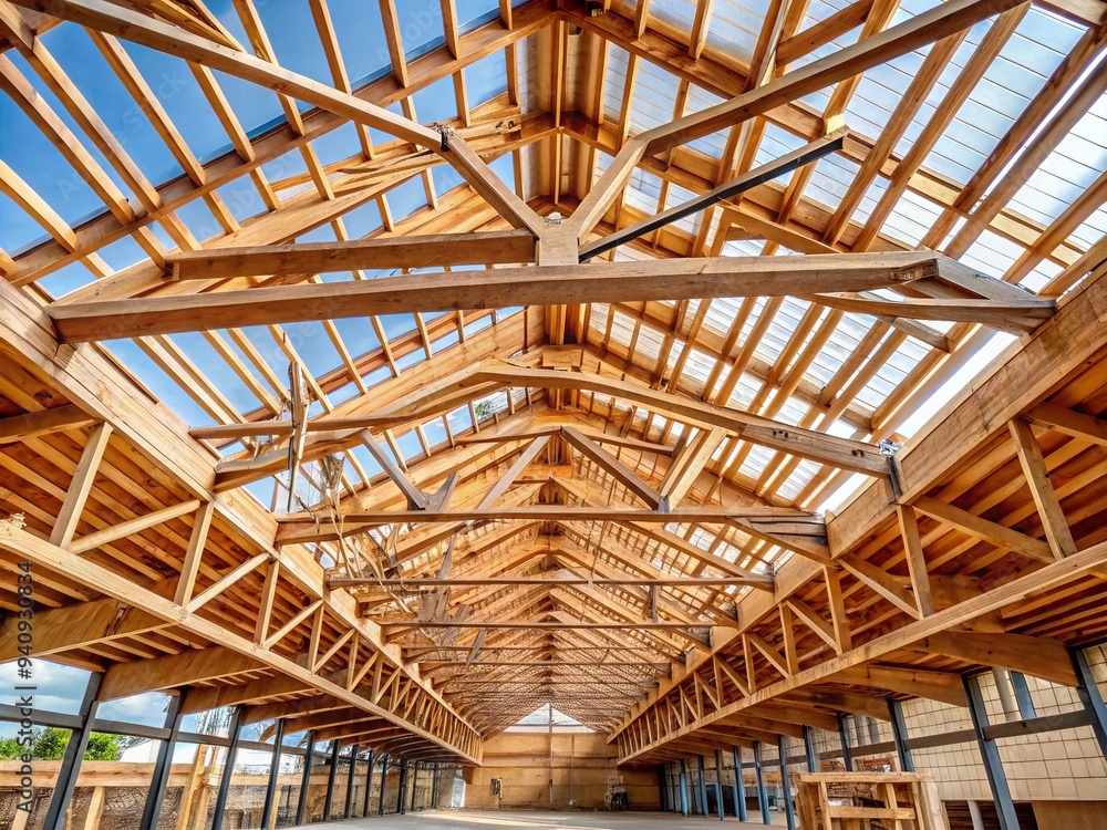 Heavy-duty wooden roof trusses support the industrial building's structural integrity, providing a sturdy framework for equipment, machinery, and day-to-day operations. Heavy-duty wooden roof trusses support the industrial building's structural integrity, providing a sturdy framework for equipment, machinery, and day-to-day operations.