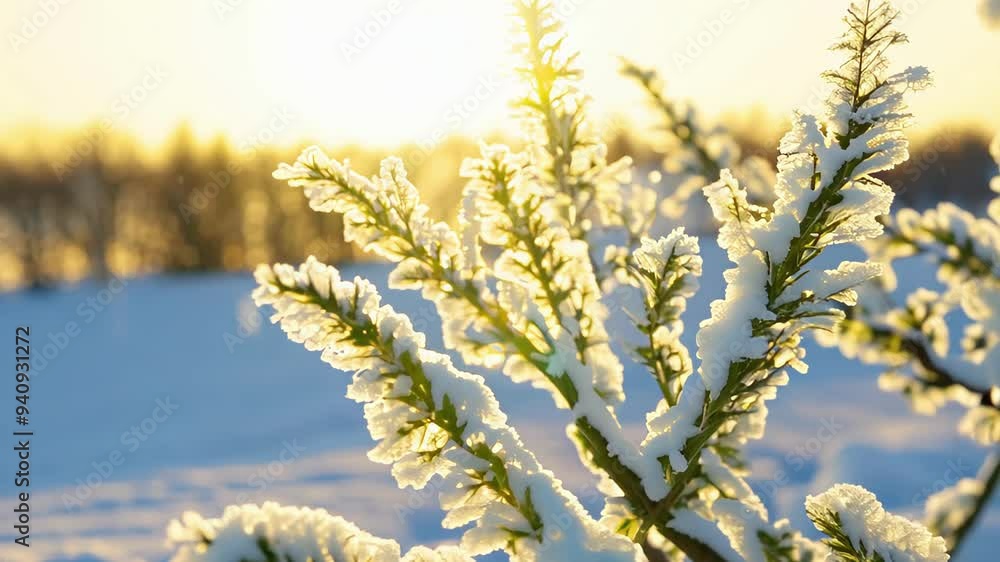 Snow-covered branch at sunrise in a winter landscape with snow and sunlight. Concept of winter beauty, nature's tranquility, and the serene morning.