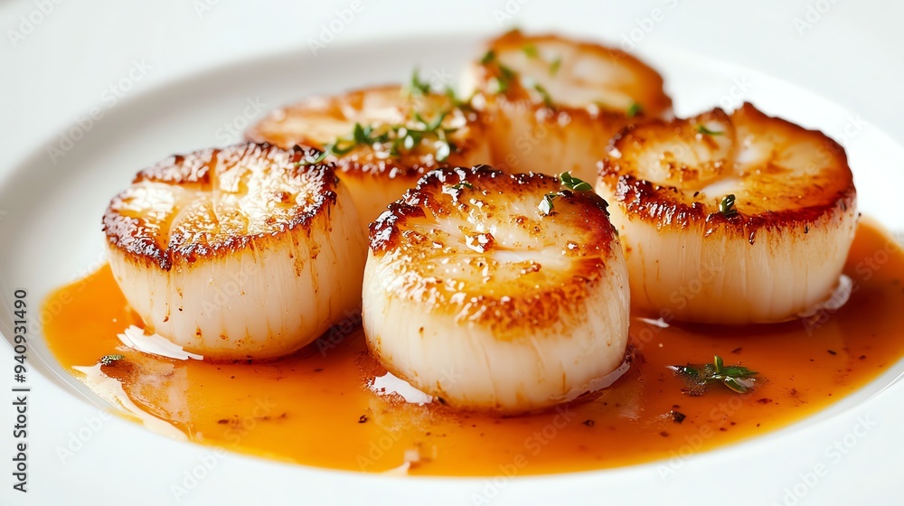A plate of seared scallops with a lemon butter sauce. A plate of seared scallops with a lemon butter sauce.