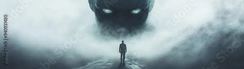 A mysterious figure stands alone in the fog, overshadowed by an ominous presence, evoking fear and intrigue.