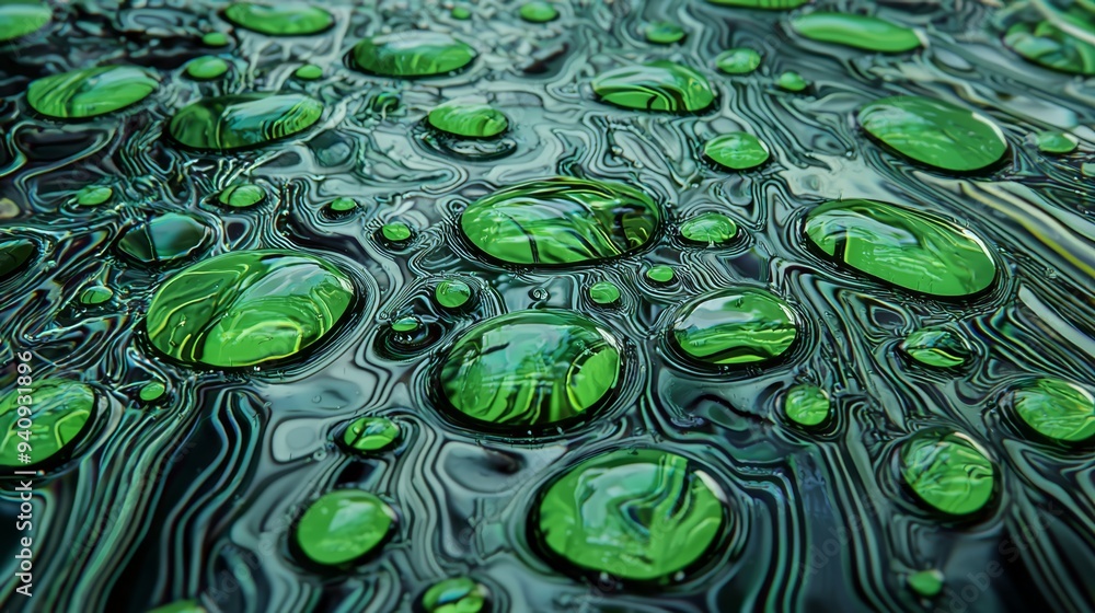 A cluster of water drops atop a green pool of liquid, resting upon a black base A cluster of water drops atop a green pool of liquid, resting upon a black base