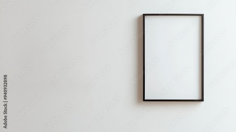 A single minimalist photo frame hanging on a blank white wall, highlighting clean lines and simplicity. A single minimalist photo frame hanging on a blank white wall, highlighting clean lines and simplicity.