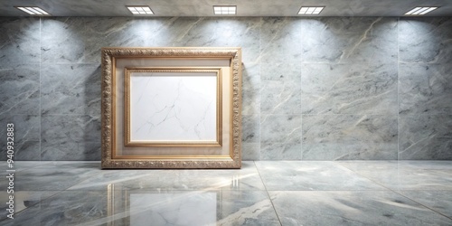 Minimalist art space with empty frame on Breche de Vendome marble floor, minimalist, art, space,empty frame photo