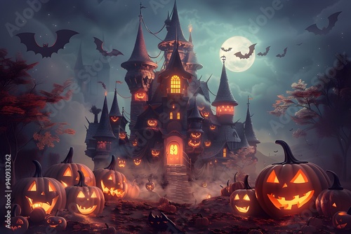 Spooky hauted castle illustration, surrounded by glowing Jack-o'-Lanterns and flying bats under a misty, moonlit sky. Creepy house illustration for eerie and festive Halloween design, party poster. photo