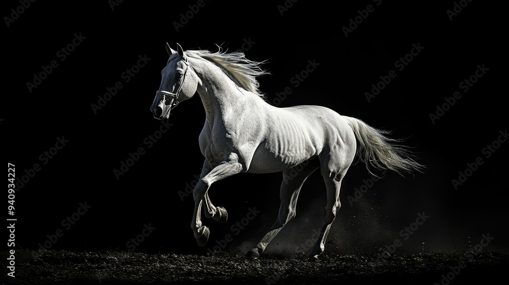 A striking image of a white horse galloping in the dark, its powerful form illuminated against a black background. A striking image of a white horse galloping in the dark, its powerful form illuminated against a black background.