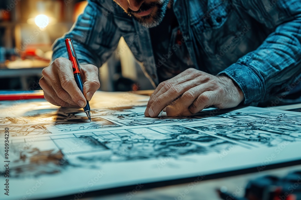 Obraz premium an illustrator designing a comic book panel on a large sketchpad