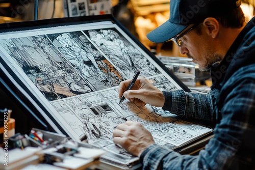 an illustrator designing a comic book panel on a large sketchpad