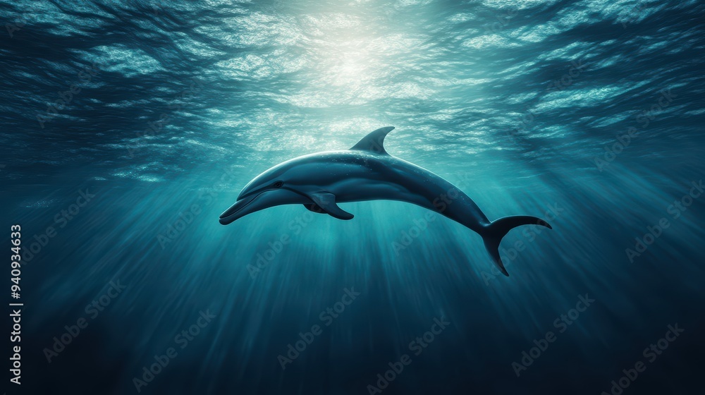 Fototapeta premium A graceful dolphin swimming gracefully through tranquil ocean waters, illuminated by soft sunlight filtering from above.