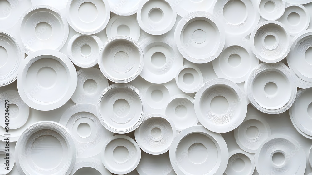93. Modern 3D wall art featuring circle paper cutouts arranged in a symmetrical, layered pattern 93. Modern 3D wall art featuring circle paper cutouts arranged in a symmetrical, layered pattern