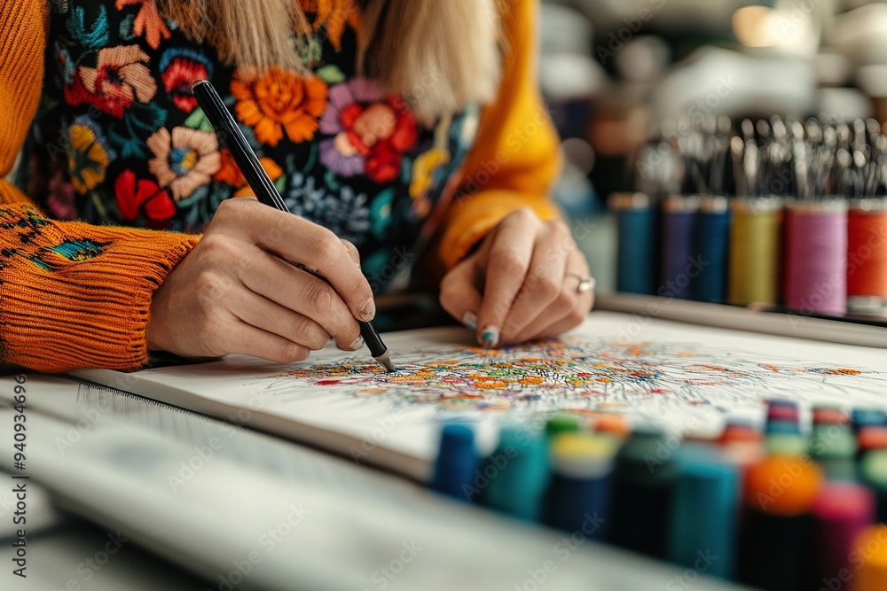 Fototapeta premium Highlight a fashion designer sketching on fabric to plan intricate embroidery