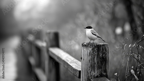  A small bird sits on a weathered wooden post against a foggy backdrop photo