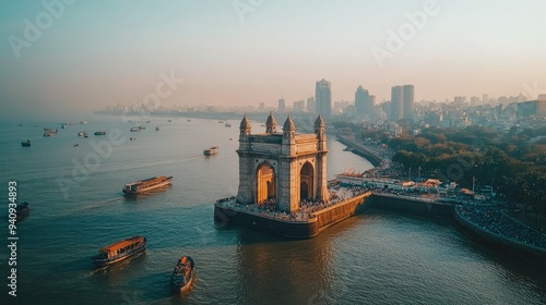 A stunning shot of the Gateway of India in Mumbai, with boats in the foreground and the city in the background.