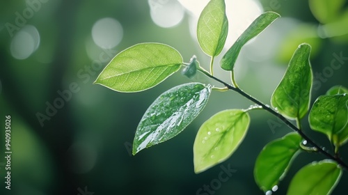  A tight shot of a green leaf on a branch, adorned with water droplets, against a softly blurred background