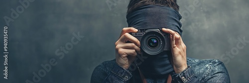 A person with their face covered is holding a camera up to their eye, with a blurred background.