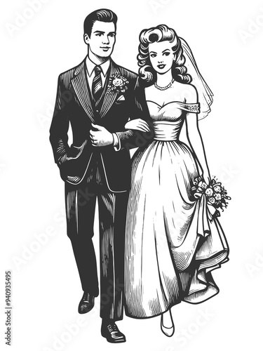 bride and groom walking arm in arm, classic wedding attire and timeless elegance sketch engraving generative ai fictional character raster illustration. Scratch board imitation. Black and white image.