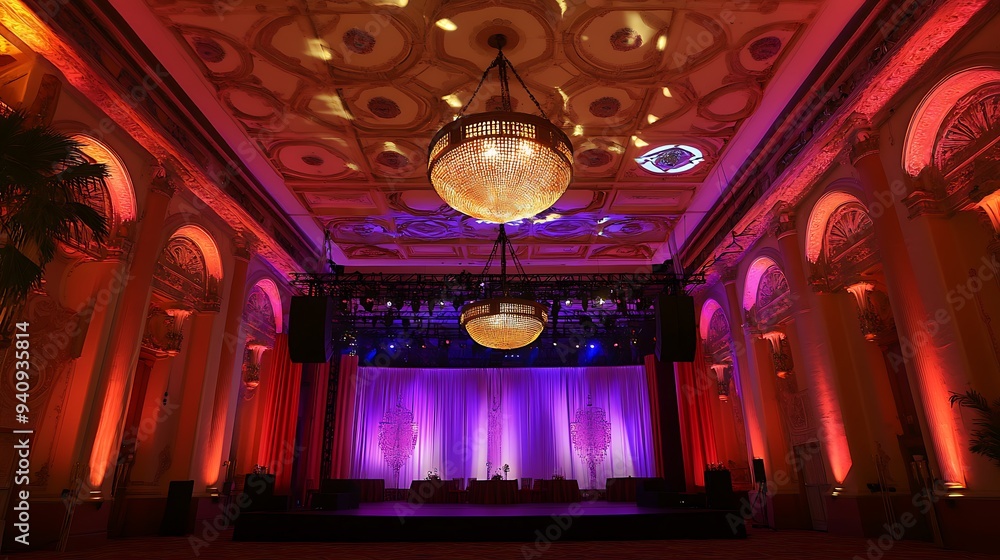 Fototapeta premium Illuminated Event Hall with a Stage, Ornate Ceiling, and Hanging Chandeliers