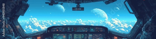 Futuristic Pixel Art Spaceship Cockpit: Alien Planet Exploration Scene for Sci-Fi Gaming and Digital Marketing. Retro-Style Cosmic Adventure with Sleek UI Design, Perfect for Web Templates, Promotiona