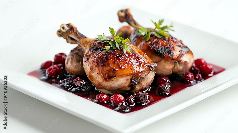 Roasted chicken legs with a cranberry sauce on a white plate. Roasted chicken legs with a cranberry sauce on a white plate.