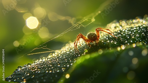  A close-up of a spider on a leaf with dewdrops on its back and a blurred bubble of light in the background photo