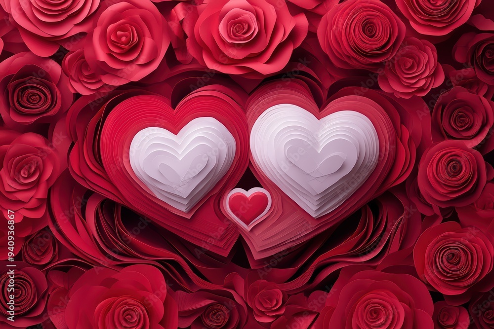 A romantic design featuring layered hearts surrounded by vibrant red roses, perfect for Valentine's Day or love-themed projects. A romantic design featuring layered hearts surrounded by vibrant red roses, perfect for Valentine's Day or love-themed projects.