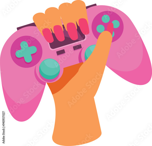 Woman gamer holding pink gamepad playing video games, console gaming, esports competition, gaming addiction concept