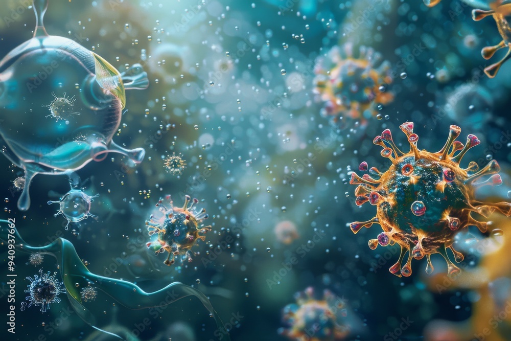 A diverse collection of viruses and bacteria, showcasing their unique shapes and sizes in a microscopic view, The delicate balance of the immune system, AI generated A diverse collection of viruses and bacteria, showcasing their unique shapes and sizes in a microscopic view, The delicate balance of the immune system, AI generated