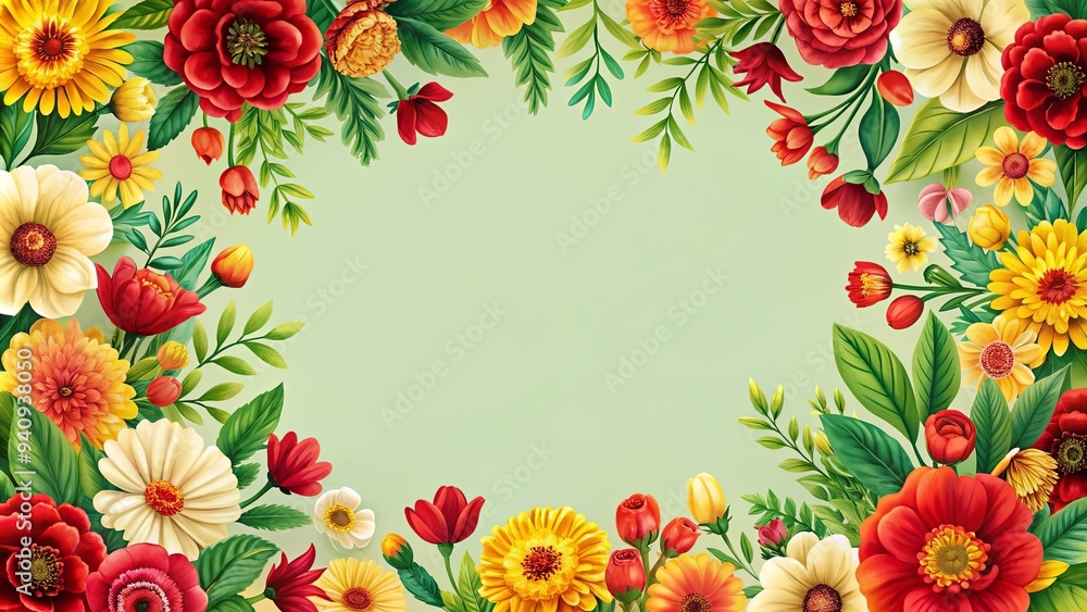 Fototapeta premium Summery floral pattern with red and yellow blooms, floral, pattern, red, yellow, blooms, bright, colorful, summer, botanical