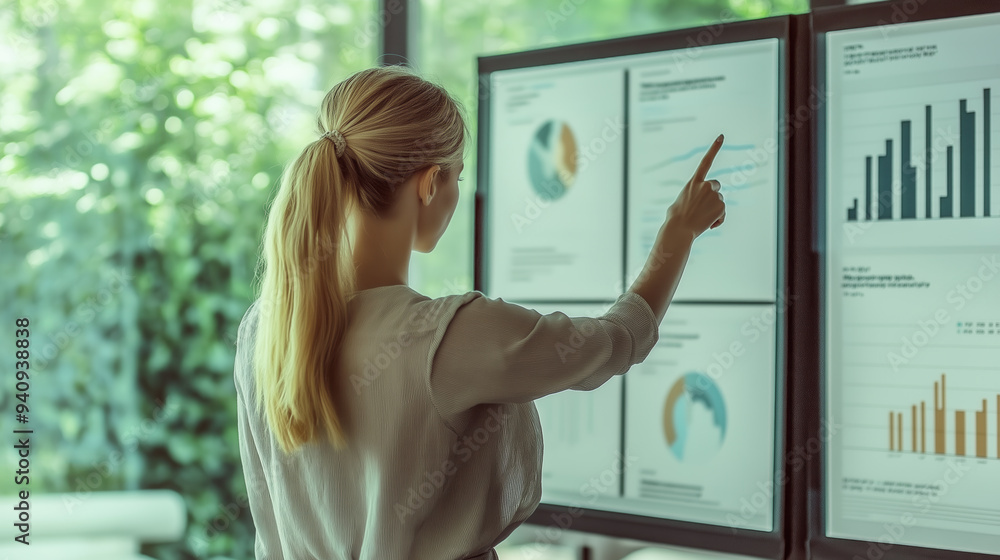 Eine Frau mit dem Rücken zur Kamera zeigt in einem Büro auf Datendiagramme auf Whiteboards. Eine Frau mit dem Rücken zur Kamera zeigt in einem Büro auf Datendiagramme auf Whiteboards.
