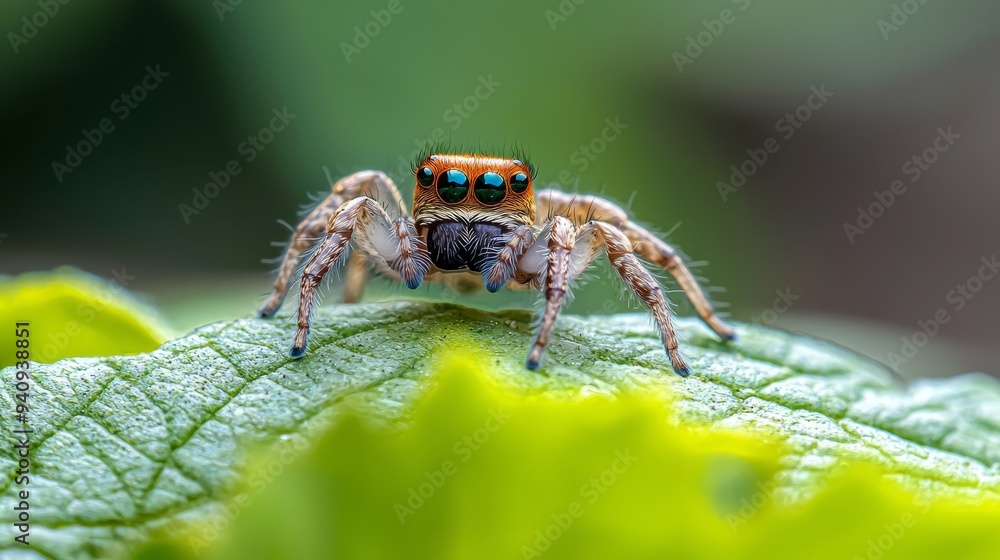 A tight shot of a jumping spider on a green leaf with a softly blurred background A tight shot of a jumping spider on a green leaf with a softly blurred background