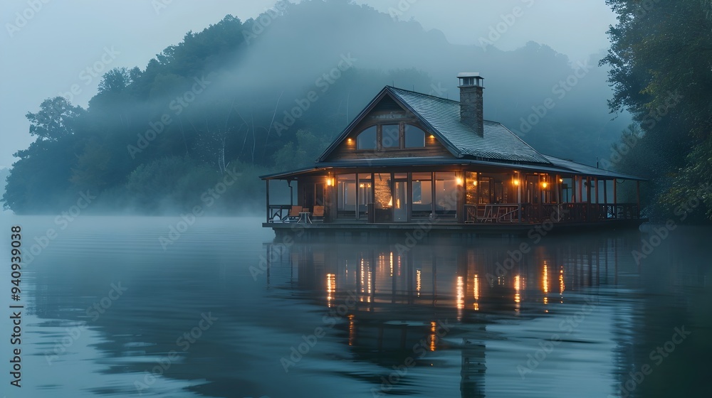 Fototapeta premium Rustic Wooden Lakeside Cabin Floating on Misty Dawn Waters