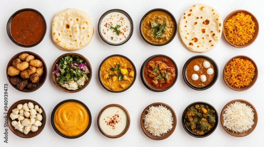 A top view of a diverse collection of Indian foods, including curries, naan, biryani, and condiments, arranged on a white background. A top view of a diverse collection of Indian foods, including curries, naan, biryani, and condiments, arranged on a white background.
