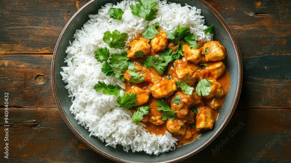A top view of an Indian meal with spicy chicken curry and fluffy basmati rice, garnished with coriander leaves. A top view of an Indian meal with spicy chicken curry and fluffy basmati rice, garnished with coriander leaves.