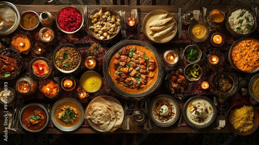 A top-down view of a festive Indian meal, with diverse dishes arranged artistically on a richly decorated table. A top-down view of a festive Indian meal, with diverse dishes arranged artistically on a richly decorated table.