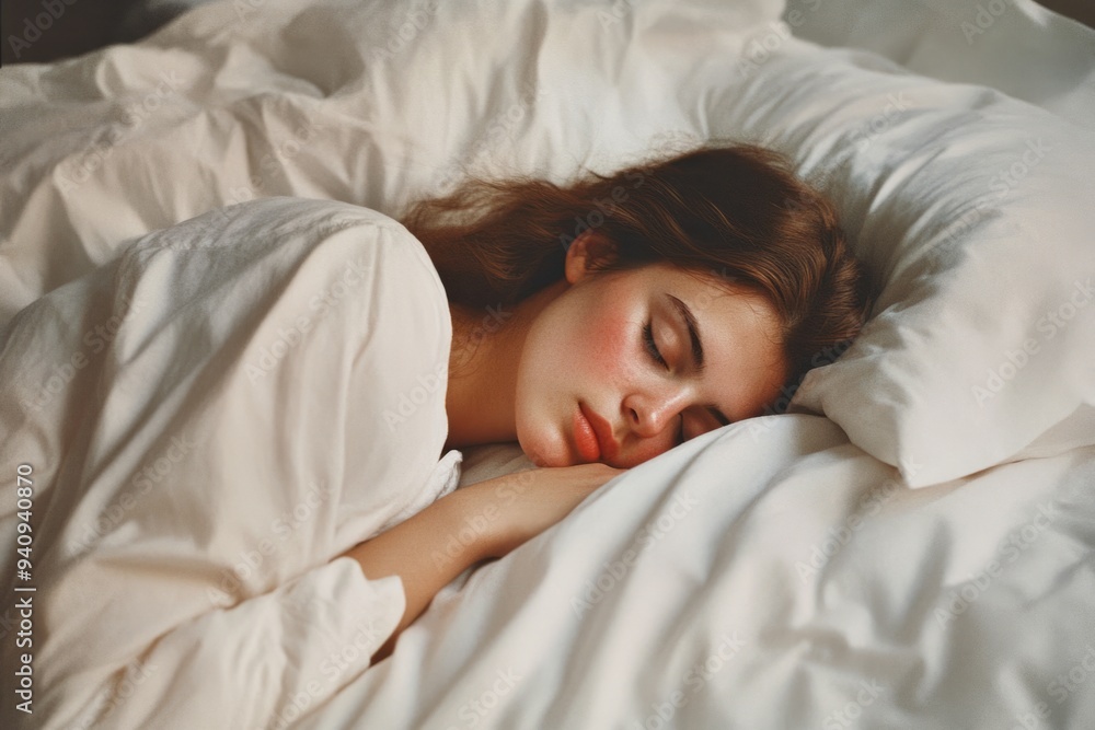 A young woman sleeps peacefully in her cozy bed. Soft pillows create a calming atmosphere. The light highlights her serene expression. Emphasizing tranquility. Generative AI A young woman sleeps peacefully in her cozy bed. Soft pillows create a calming atmosphere. The light highlights her serene expression. Emphasizing tranquility. Generative AI